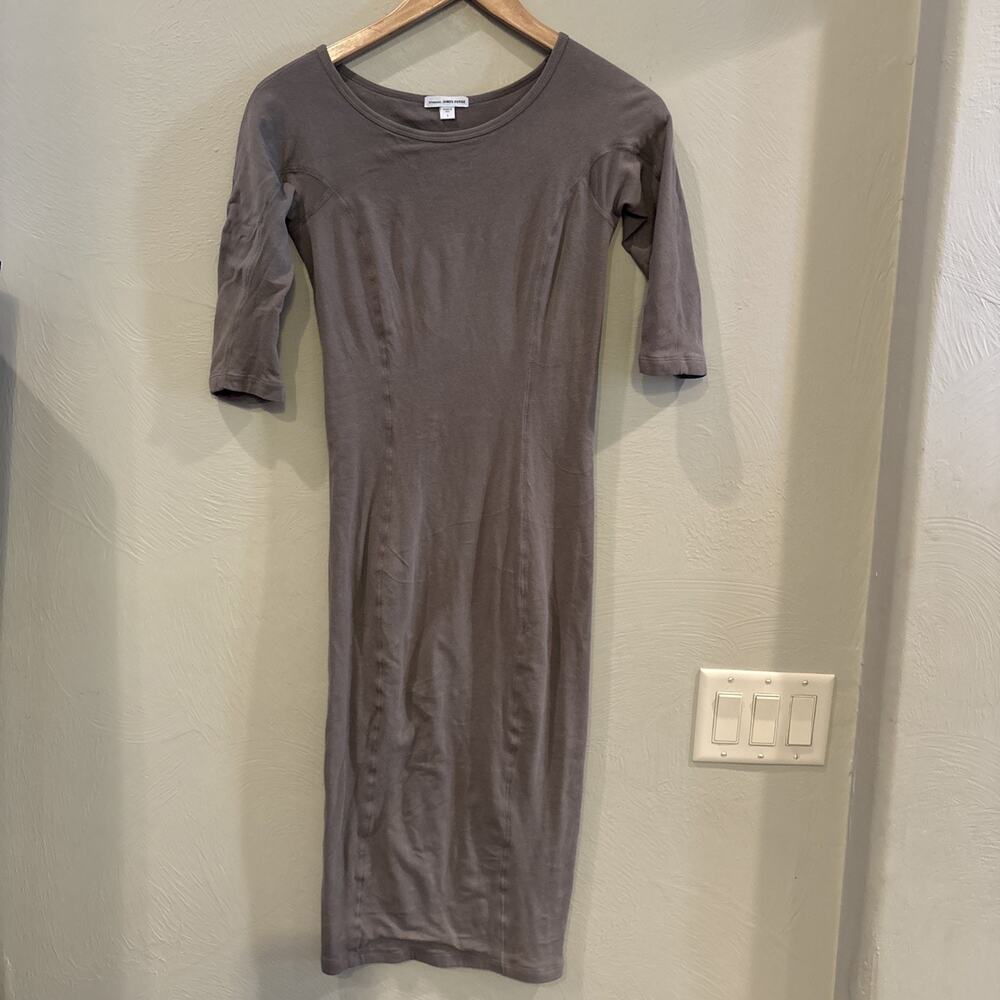 James Perse Tan Knit Boatneck Dress, 3/4 Slv, Lined, Side Ruching, NWOT, Sz.1(S)